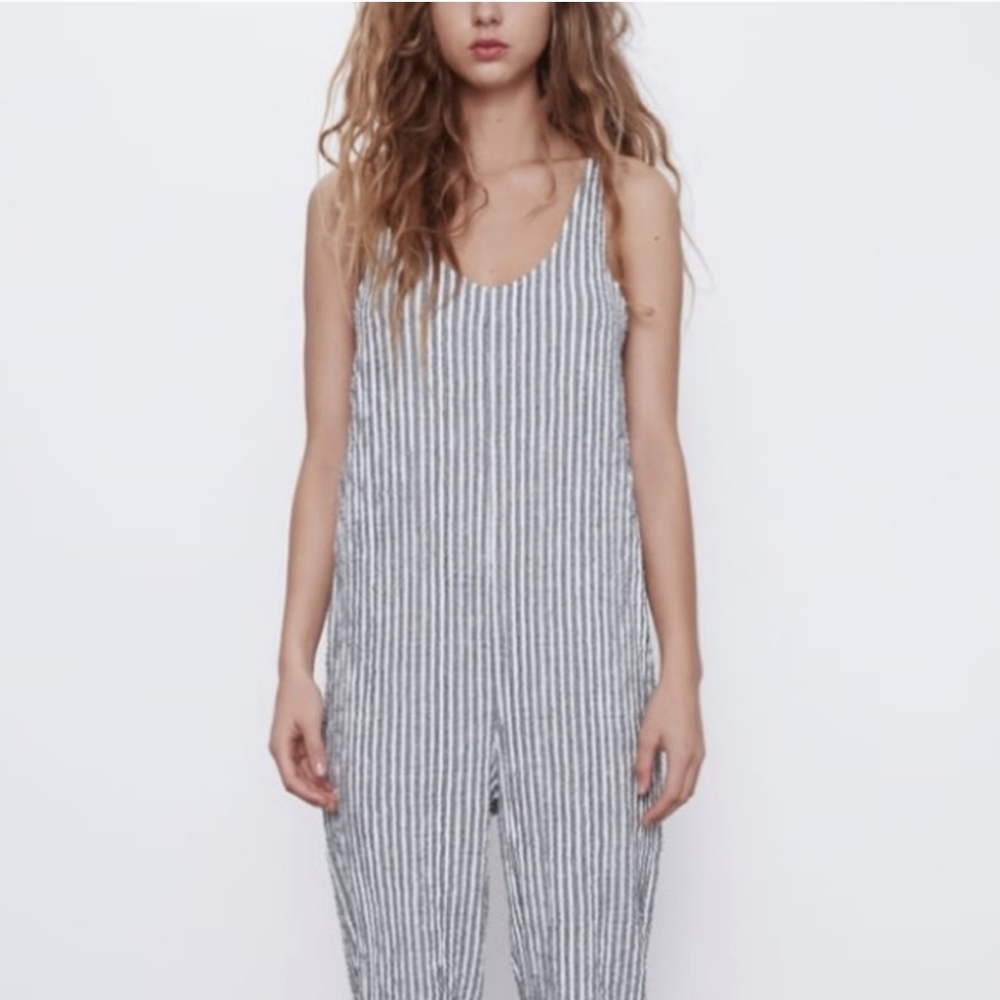 Zara Y2K Boho Cropped Jumpsuit Striped Black & White Size Medium - Picture 2 of 11